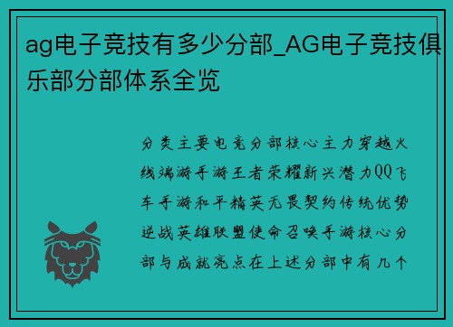 ag电子竞技有多少分部_AG电子竞技俱乐部分部体系全览